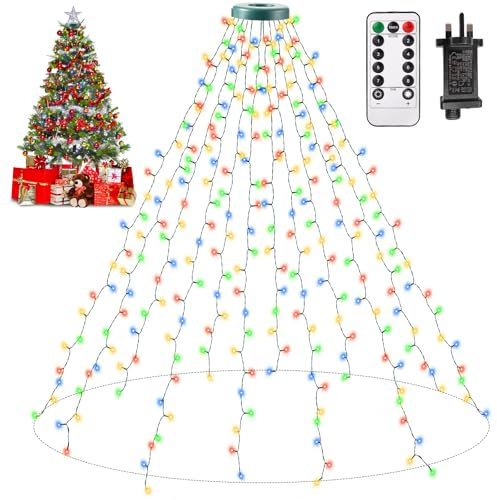 Auriostar Luci Albero di Natale, 2.5m x 12 Luci Natale Esterno IP44 Impermeabile, 300LED 8 Modalità Catena Luminosa Esterno Natalem, Luci LED Albero di Natalizia per Interno Esterno (Multicolore)