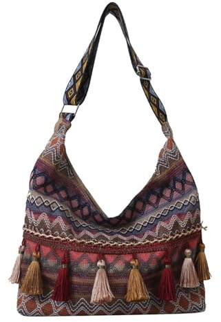 Umimiss Makramee-Tasche, blaue Stroh-Handtaschen für Damen, Hippie-Tasche, Boho-Tasche, Bohemian-Umhängetasche, bunte Quasten, Vintage, ethnisch, Tribal, bestickte Quaste, Umhängetasche, Hippie