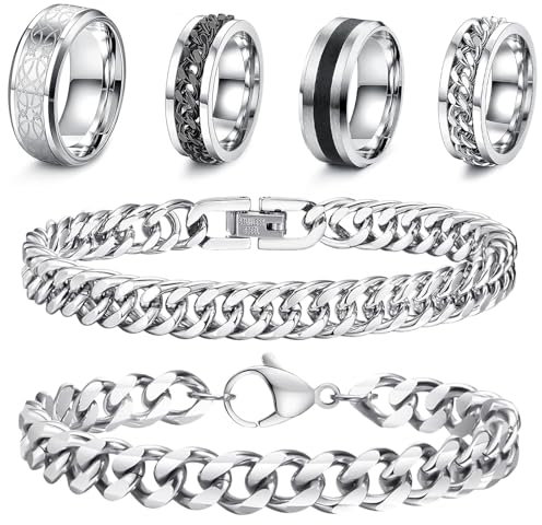 TZQFROCE 6 Stücke Armband Herren Silber 19cm Ringe Herren Edelstahl Armbänder Panzerkette Herren Arm-band Edelstahl Armbänder für Männer Schmuck Herren für Papa Freund Schmuck Geschenk