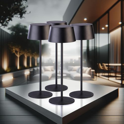 Lunartec Solar Tischlampe außen: 4er-Set LED-Solar-Tischleuchte, 150 Lumen, 1.200 mAh, dimmbar, USB (LED-Tischlampe Akkun, und Akku-Tischleuchte, Kabel)