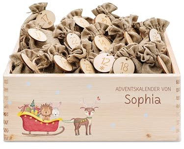 wunderwunsch® - Personalisierter Adventskalender zum selber befüllen - Adventskiste Holz mit kinderfreundlichem Druck - mit Juteschnur Jutesäckchen und Holzzahlen (klein | 30x20x13cm)