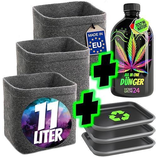 Homegrow24 Cannabis Dünger Indoor & Outdoor für Cannabispflanzen Wachstumsphase und Blütephase BIOlogischer organischer Grow & Bloom Hanfdünger I Starter Set (500 ml + 3 stk. Filztöpfe & Untersetzer)