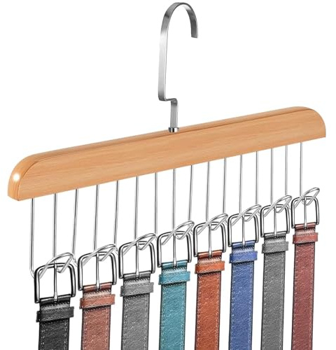 Belt Hanger With 8 Hooks, 360° Rotating Wooden Tie Rack | Belt Organizer Tie and Belt Hanger, Space Saving Hanging Holder Hook for Belt Tie Scarf Bra