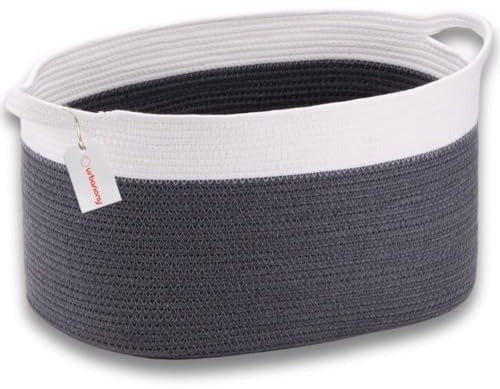 Urbanony Extra Large Cotton Rope Storage Basket (Charcoal/White) – Woven Laundry, Blanket & Toy Organiser, Washing Basket for Laundry, Nursery & Home (55x38x30 cm, 65L)