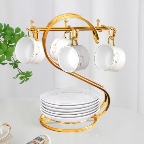 FXLYUTXP Coffee Mug Holder Metal,Mug TeaCups Holders Countertop,Coffee Mug Tea Cup Stand Storage Rack Tabletop Counter 6 Hooks(Gold)