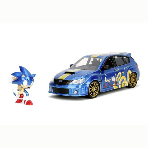Jada Toys Sonic The Hedgehog Auto Subaru Impreza WRX STI 2012 (19 cm) mit Figur (6 cm) - Modellauto mit Türen zum Öffnen, Spielzeug-Set aus Metall für Fans und Kinder ab 8 Jahre