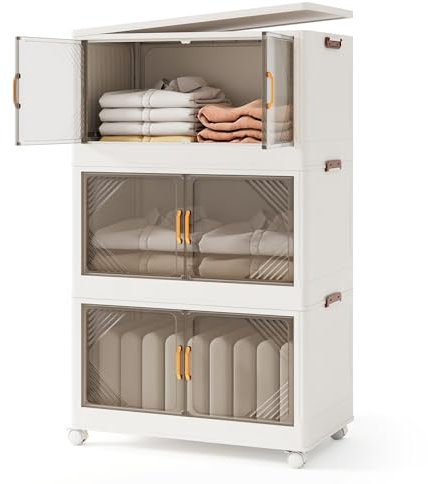 CASART Stackable Storage Bins with Lids, 213L/ 284L Foldable Plastic Boxes on Wheels with Doors & Handles, Collapsible Closet Organizer for Living Room Bedroom Dorm (3-Tier)
