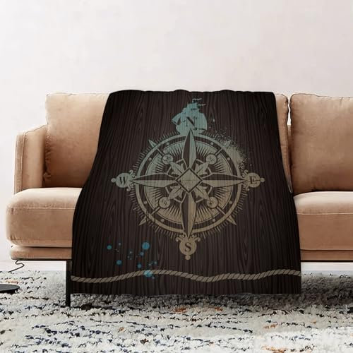 JYLYZZIN Coperta Plaid Pile di Flanella - 76 x 100 cm,Bussola, rosa dei venti per la con corda per la nave su uno sfondo di legno,Coperta Pelosa, Copridivano di Microfibra Calda e Morbida