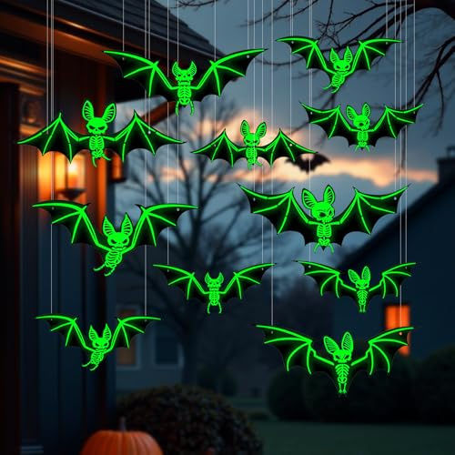 Halloween Fledermaus Deko, 10 Stück Fledermaus deko Leuchtend, Wasserdichtes PVC Hängende Fledermäuse für Halloween Deko Outdoor Garten Indoor Party