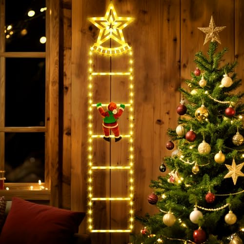 Olycism Luci di Natale,scala di Babbo Natale, 1,5 m, babbo natale scala, 6 gradini con stelle bianche e LED bianco caldo,8 modalità, USB con telecomando, per giardino, balcone