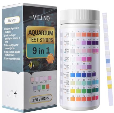 VILLNO Aquarium Test Strips 9-in-1, 120 Strips Aquarium Water Testing Kit, Quick & Accurate Water Testing for Freshwater & Saltwater Tanks, Testing Fe Cu No3 No2 Cl2 GH TA KH PH