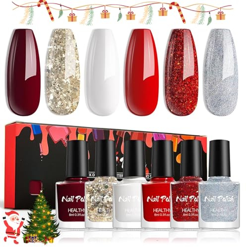 Virellay Glitzer Weihnachten Nagellack Set 6 Farben, Normale Wasserbasis Nagellack Set, Rot Schnelltrocknender Langanhaltender Nail Polish, Quick Dry Ohne UV Lampe für Frauen (Weihnachten, 8ML)