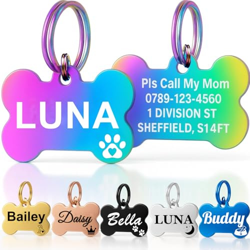 Personalised Dog Tags for Pets UK Prime, Deep Engraved Cat Dog Name ID Tags, Stainless Steel Pet Tag for Doggy Kitten Kitty Puppy, Scratch Resistant Tag (Multicolour Bone, L)