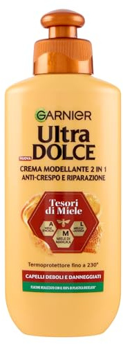 Garnier Crema Modellante 2 in 1, Anti-Crespo e Riparazione, Per Capelli Deboli e Danneggiati, Termoprotettore Fino a 230°, Con Miele di Manuka, Acacia e Lavanda, Ultra Dolce Tesori di Miele, 200 ml