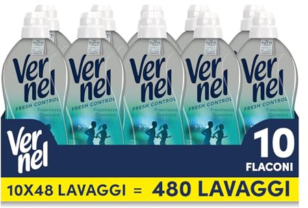 Ammorbidente Concentrato Vernel Fresh Control Freschezza Oceanica (10 x 48 lavaggi), Ammorbidente Concentrato per Tutti i Tessuti, con Controllo degli Odori di Lunga Durata