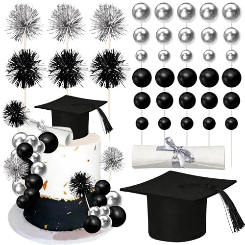 42 Packung Class of 2026 Geburtstag Tortendeko 2026 Abschluss Diploma Cap Party Dekoration Congrats Grad Cake Topper für Graduation Kuchen Dekoration Geburtstag Party Zubehör Schwarz Silber