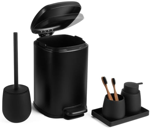 5-teiliges Badezimmer Set Schwarz Modern Badezimmer Organizer | AJEUNGAIN Badezimmer Set mit 6 L Metall Mülleimer mit Inneneimer, Seifenspender, Zahnputzbecher, WC-Bürste & Ablageschale