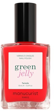 Manucurist Twizzle Green™ Jelly Nagellack Ultra Glossy | Transluzentes Leuchtrot Nagellack, Glanz-Effekt - Semiopakes Jelly-Finish - 82,5% Inhaltsstoffe Natürlichen Ursprungs - 15 ml