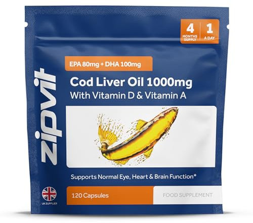 Zipvit Cod Liver Oil 1000mg, 120 Softgel Capsules, Rich in Omega-3, EPA 80mg & DHA 100mg. with Vitamins D3 & A to Support Heart, Brain, Eye Health & Immune System – 4 Month Supply