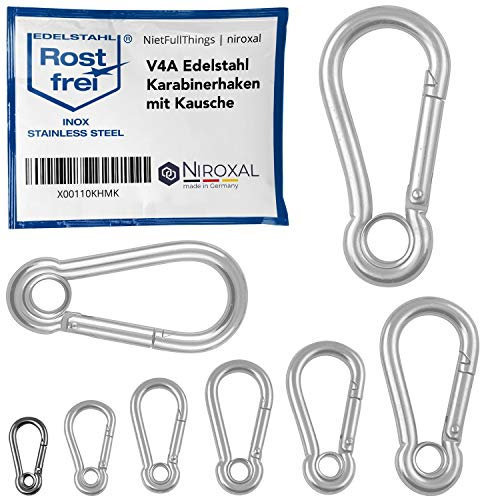 2 unidades 4-mm Mosquetón de acero inoxidable tipo gancho con guardacabo ce V4A corma robusta con ojo carga de ruptura 400 kg bomberos 316 4x40-mm