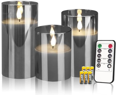 CREASHINE Led Flameless Candles Lights Realistic Flickering Candles 3D Flame Candles with Remote Decorative Unscented Pillar Candle Set of 3 Battery Operated(Included) (Grey)