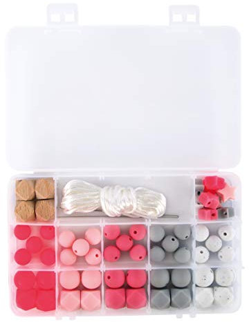 Rayher 14860258 Silikonperlen sortiert, rosa, hellgrau, weiß, schweiß- und speichelecht, Box mit 61 Teilen, inklusiv Fädelschnur, Rosé
