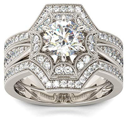 Jeulia 2.5 Karat Art Deco Rundschliff Sterling Silber Ringe Set für Frauen 925 Sterling Silber Zirkonia Ehering CZ Solitaire Verlobungsringe Jubiläumsversprechen Schmuckbox (Silber, 54 (17.2))