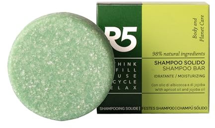 R5 - Festes feuchtigkeitsspendendes Shampoo - 98% natürliche Inhaltsstoffe, angereichert mit Aprikosen- und Jojobaöl. 70g-Packung (entspricht 2 Flaschen des herkömmlichen flüssigen Produkts)