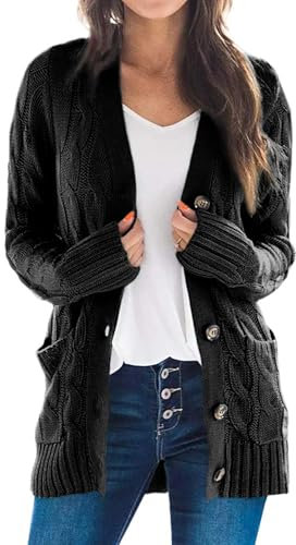 Uusollecy Strickjacke Damen mit Knopfleiste Herbst Zopfmuster Langarm Cardigan Winter Warm Strickjacken mit Tasche, Schwarz S