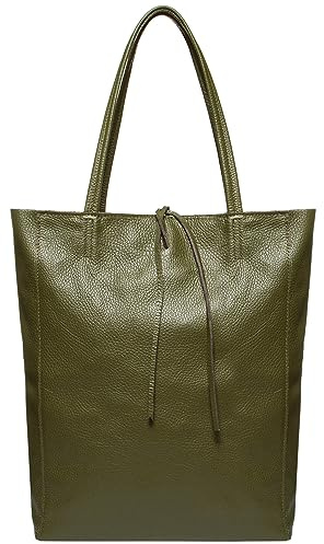Takeasy Tragetasche für Damen aus italienischem Kalbsleder mit Reißverschluss, Innentasche und flachem Boden | Weiche, ungefütterte Shopper-Tasche für Arbeit und Reisen, Oliv/Blatt für mich (Leaf It