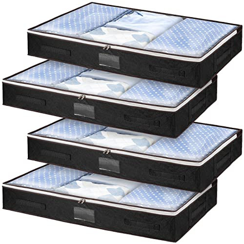 wsryx 4 Pack Große Unterbett Aufbewahrungstasche mit Reißverschluss, Faltbare Flache Stoff Kunststoff Unterbett Aufbewahrungsboxen Organizer mit Deckel für Kleidung, Schuhe, Bettwäsche (Schwarz)