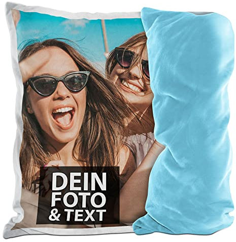 PR Print Royal Flauschiges Fotokissen selbst gestalten - inklusive Kissenfüllung - Fotokissen personalisierbar mit Foto und Wunschtext | 40 x 40 cm - flauschig - Rückseite Hellblau