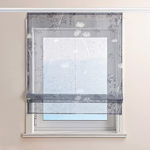 ESLIR Raffrollo mit Klettband Gardinen Küche Voile Raffgardinen Transparent Bändchenrollo Landhaus Vorhänge Wohnzimmer Grau BxH 80x140cm 1 Stück