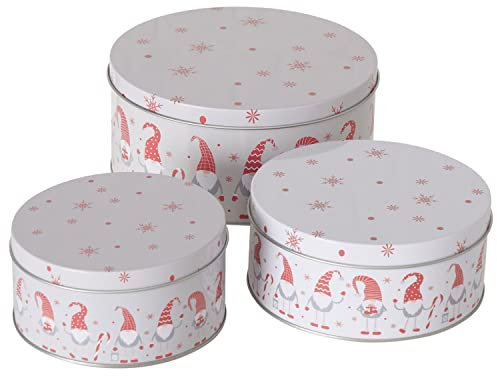 MamboCat 3tlg Set Gebäckdosen Lucky I Ø 14cm, 16cm & 20cm I Wichtel-Dekor mit Schneeflocken I runde Plätzchen-Dose, Vorratsdose, Metall-Box, Geschenkdosen I Weihnachts-Bäckerei, Advents-Kekse