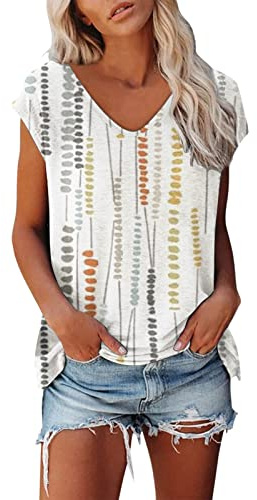 Camiseta de verano de manga corta para mujer, cuello de pico, informal, estampado informal, camiseta básica, Blanco, L