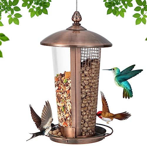 GYMAX 2-in-1 Futtersäule für Wildvögel Vogelhaus zum Aufhängen Vogelfutterspender Wetterfest Vogelfutterhaus mit 2 Futterkammern Vogel Futterstation 16 x 16 x 28 cm