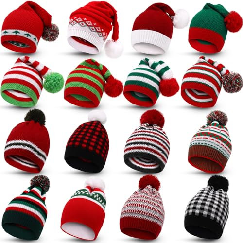 Retisee 16 Stück gestrickte Weihnachtsmütze rot weiß grün Elfenmützen mit Pompon Weihnachtsmann Weihnachten Beanie Bulk Crochet Urlaub Hüte für Erwachsene, Rot, Weiß, Grün, 1