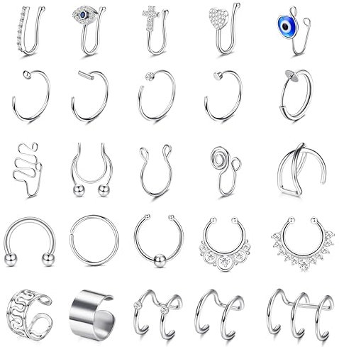 JeweBella 25 Stück Fake Nasenpiercing Ring Edelstahl Fake Septum Piercing Ring Fake Nasenring Piercing Fake Nase Piercing Set Silber/Gold/Schwarz/Roségold Fake Lippenpiercing Ring für Damen Herren