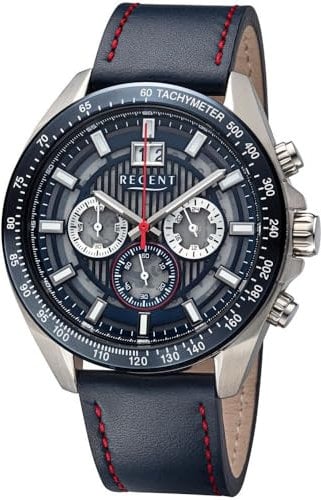 REGENT Herrenuhr Chronograph Edelstahl mit Echtlederarmband Großdatum Analog 10 ATM BA-827