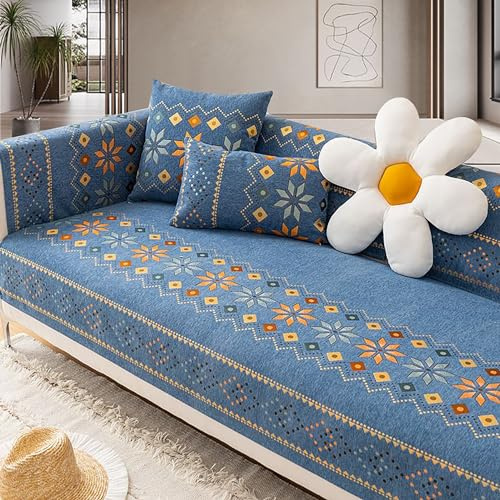 KCCRHIN Chenille Sofa Überzug Böhmischen Stil Sofabezug L Form Couch Überzug Sofaschoner rutschfest Ecksofa Sofaschutz Hund Sofa Überwurfdecke Sofadecke Couch Cover,Blau,70 * 150cm/27.6 * 59in
