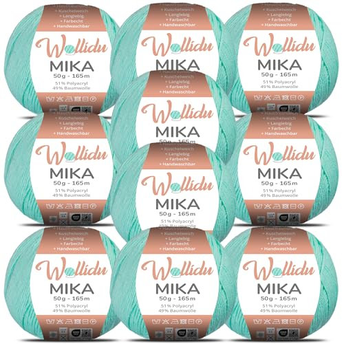 Wollidu Mika 51% Polyacryl 49% Baumwolle zum Häkeln und Stricken 10x 50g/165m Oeko-Tex Strickgarn Häkelgarn - Aquagrün