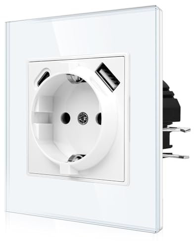 CNBINGO USB Einzelsteckdose mit Krallen - Glas Schuko Steckdose Unterputz mit USB Anschluss - 1× (Typ-C und USB-A Max.2,1 Amp) - Einfach Weiß Wandsteckdose mit Kindersicherung - JFGMAC