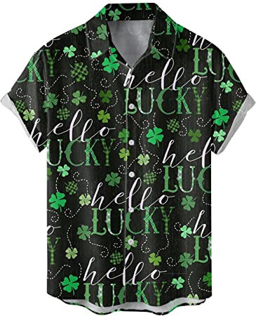 NQyIOS St Patrick’s Day T-Shirts Hawaiian Shirt Beach Shirt Mens Short Sleeved Shirts Summer Striped Casual Shirt Button Down Hawaiian Shirt for Beach Holiday Regular Fit Shamrock Lucky Blouse