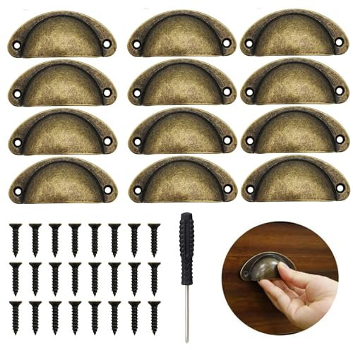 DesertBoy 12 Pcs Poignée de Coquille Poignee de Meuble Vintage Poignée de Meuble Poignée de Tiroir Poignée Coquille Poignées de Tiroir Semi-Circulaires avec Vis pour Tiroir, Armoire(Bronze)