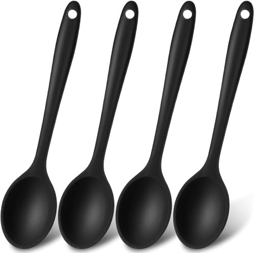 tiokin Pack of 4 Small Silicone Spoons, Non-Stick Kitchen Spoons, Cooking Spoons, Silicone Serving Spoons, Mixing Spoons for Kitchen Cooking Baking Stirring Mixing Tools (Black)