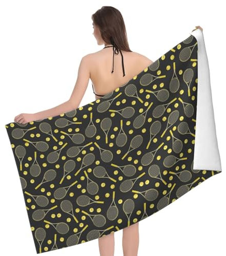 LAMAME Raquettes de tennis amusantes et balles de tennis imprimées pour adulte Serviette de plage légère Serviette de plage portable en microfibre Serviette de bain