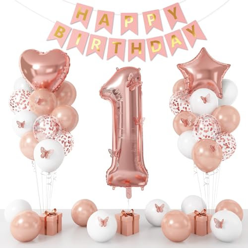 1st Birthday Decoration for Girls, Rose Gold 1st Birthday Balloon, Rose Gold Number 1 Balloon with Butterfly Stickers, Star Heart Foil Balloons Banner Set for Baby 1 Year Old Party Decor