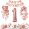 1st Birthday Decoration for Girls, Rose Gold 1st Birthday Balloon, Rose Gold Number 1 Balloon with Butterfly Stickers, Star Heart Foil Balloons Banner Set for Baby 1 Year Old Party Decor