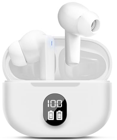Dinow Ecouteurs Bluetooth sans Fil, Écouteurs Intra-Auriculaires Bluetooth 5.3 HiFi Stéréo, Écran LED, Ecouteurs sans Fil avec ENC Mic, Écouteurs étanche IP6 pour iOS/Android/Window (Blanc)