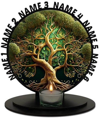 New 3D Lebensbaum auf Holz gedruckt Tischdeko & (Optional) Teelichthalter Glas personalisiert bis zu 6 Namen Familienbaum Stammbaum in Schwarz Holz Mit 5 Stilen - Baum